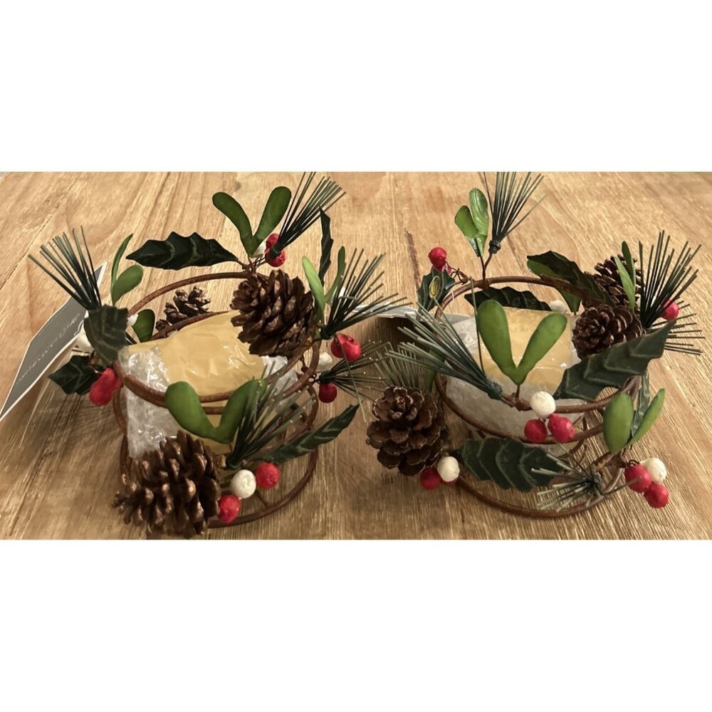 Pair of Williamsburg Holiday Metal Toleware Votive Candle Holder Boxwood & Pine